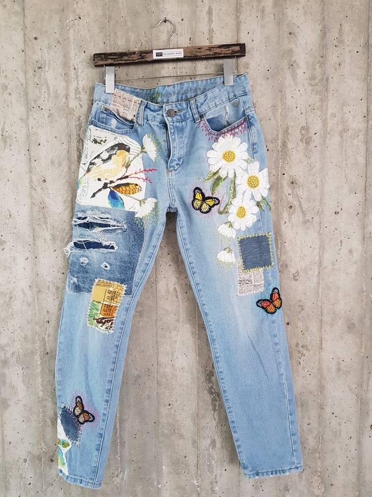 Re-Worked Jeans: Patchwork, Embellished, Embroidered, + Painted
